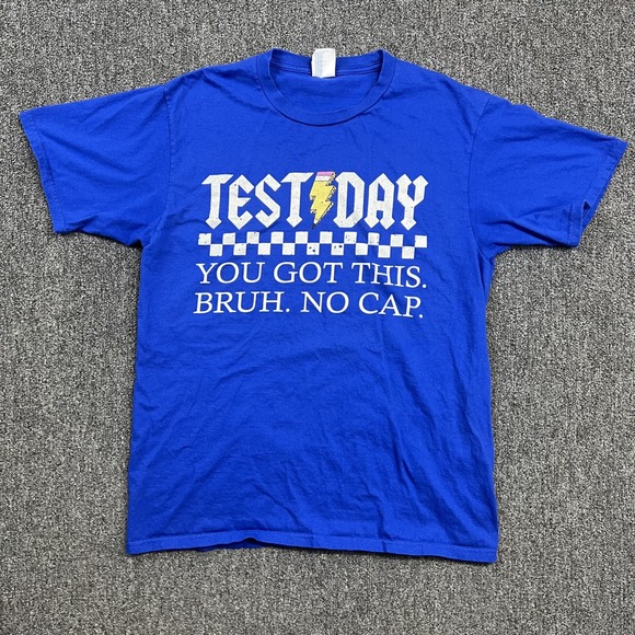 Port & Company Y2K Test Day Bruh No Cap Tee Shirt Size M Blue Graphic Streetwear — photo 2